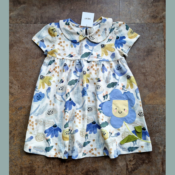 Next Mädchen Kleid Blumen Kragen Applikation kurzarm blau bunt 12-18/86
