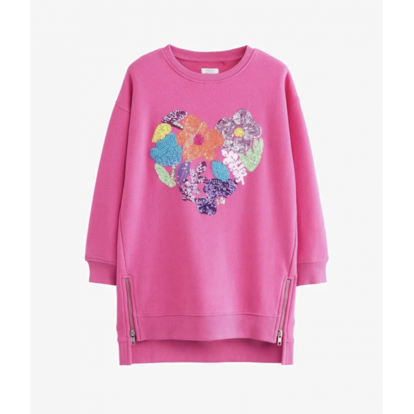 Next Mädchen Sweatkleid Pullover Herz Blumen Pailletten Reißverschluss angeraut pink neu 5-6/116