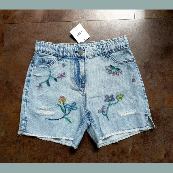 Next Mädchen Shorts Hose Bermuda verstellbar Denim Jeans Blumen bestickt blau neu 9/134