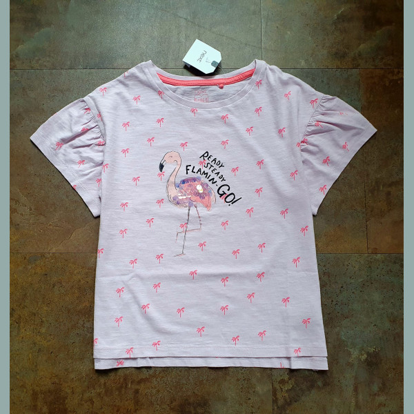 Next Mädchen T-Shirt Flamingo Pailletten Palmen kurzarm rosa neu 