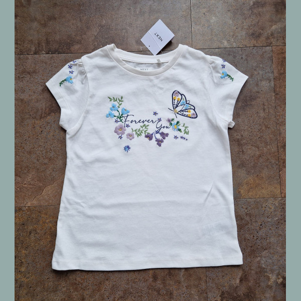 Next Mädchen T-Shirt Schmetterling Blumen kurzarm bestickt creme bunt neu 