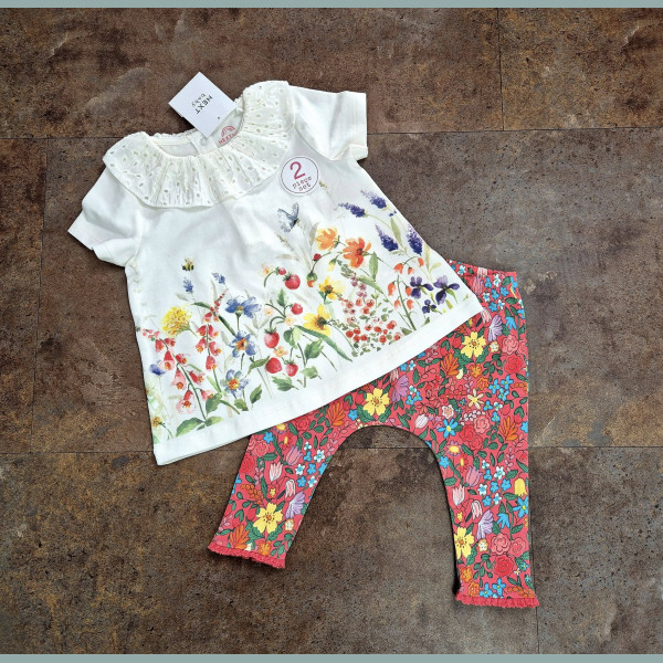 Next Baby Mädchen Set T-Shirt Leggings Hose Blumen Biene weiß bunt neu 3-6/62-68