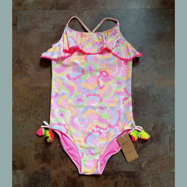 Next Mädchen Badeanzug Bikini Fransen Regenbogenfarben neon bunt neu 11-12/146-152