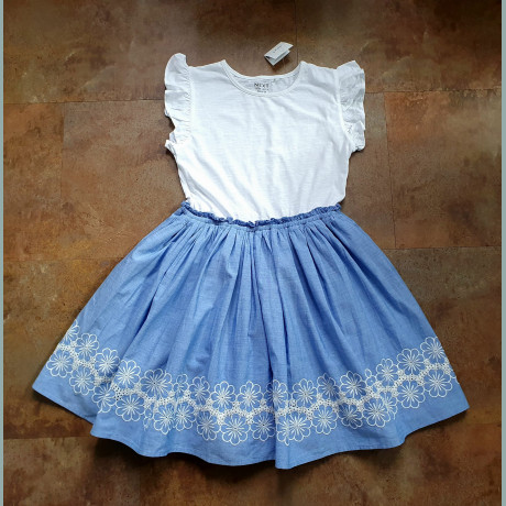 Next Mädchen Kleid Blumen Unterrock festlich bestickt weiß blau neu 