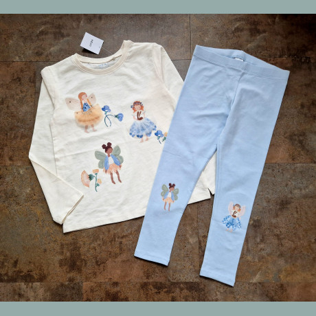 Next Mädchen Set Shirt Leggings Hose Fairy Fee Elfe Hase Blumen creme blau neu 9-12/74-80