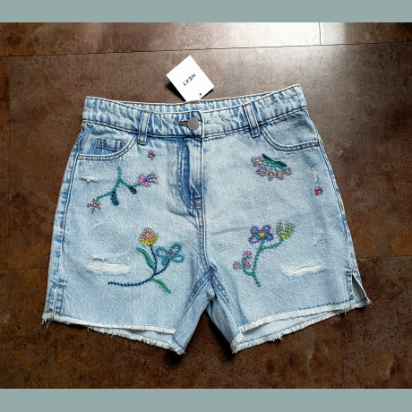 Next Mädchen Shorts Hose Bermuda verstellbar Denim Jeans Blumen bestickt blau neu 9/134