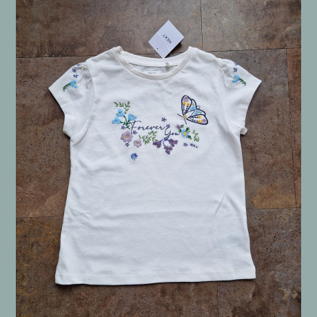 Next Mädchen T-Shirt Schmetterling Blumen kurzarm bestickt creme bunt neu 