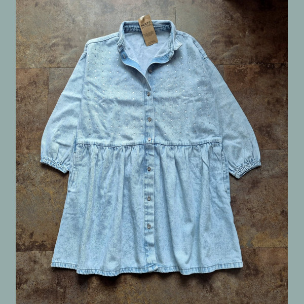 Next Mädchen Kleid Jeans Denim Glitzer Steine langarm blau neu 