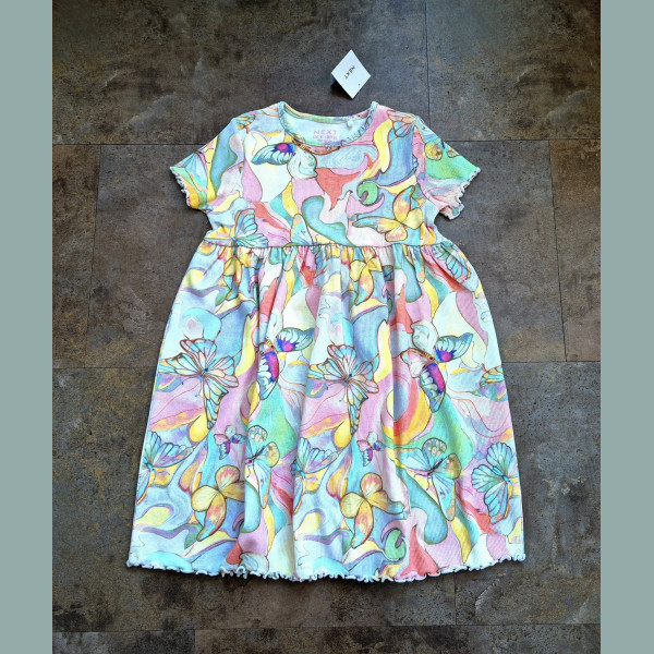 Next Mädchen Kleid Schmetterlinge kurzarm gerippt bunt neu 