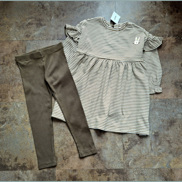 Next Mädchen Set Kleid Leggings Hase gerippt khaki grün neu 3-4/98-104