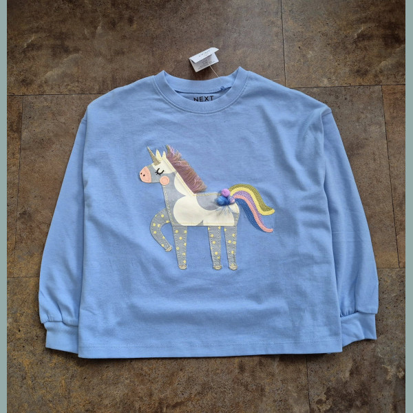 Next Mädchen Shirt Einhorn Regenbogen Bommel Oversize langarm hellblau neu 6-7/122
