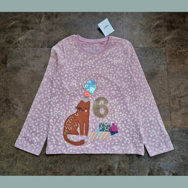 Next Mädchen Shirt Geburtstag Katze Leo Glitzer I am 6 langarm rosa neu 5-6/110-116