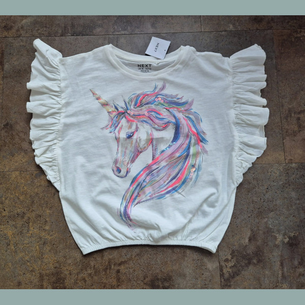 Next Mädchen T-Shirt Top Einhorn Glitzer Pailletten kurzarm creme neu