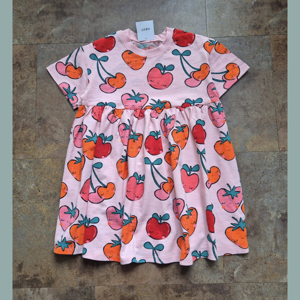 Next Mädchen Kleid Erdbeere Apfel Kirsche Obst kurzarm rosa neu 