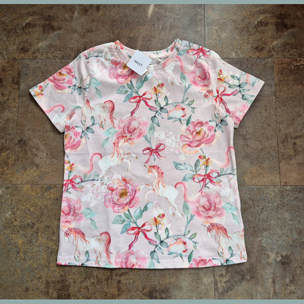 Next Mädchen T-Shirt Einhorn Blumen Schleife kurzarm rosa neu