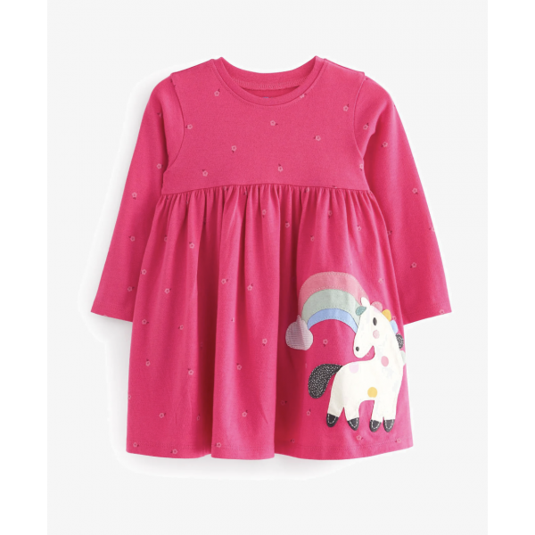 Next Mädchen Kleid langarm Einhorn Regenbogen uni pink neu 