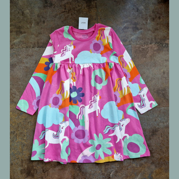 Next Mädchen Kleid langarm Einhorn Blumen Regenbogen pink 5-6/116
