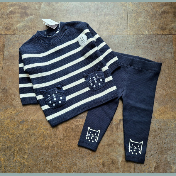 Next Baby Mädchen Set Outfit Strick Pullover Leggings Hose Katze blau neu 