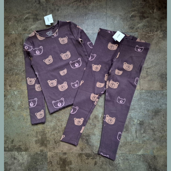 Next Mädchen Set Outfit Shirt Leggings Hose Bär gerippt lila neu 