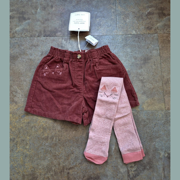 Next Mädchen Set Shorts Hose Bermuda Cord Strumpfhose Fuchs Katze braun rosa neu 4-5/104-110