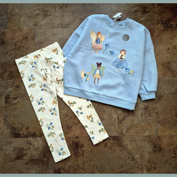 Next Mädchen Set Sweatshirt Pullover Leggings Hose Fee Fairy Hase pastelfarben blau creme neu