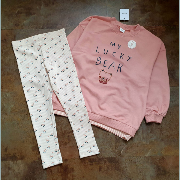 Next Mädchen Set Sweatshirt Pullover Leggings Hose Lucky Bär rosa creme neu 6-7/116-122