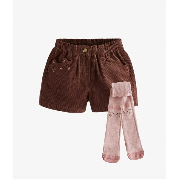 Next Mädchen Set Shorts Hose Bermuda Cord Strumpfhose Katze braun rosa neu 4-5/104-110
