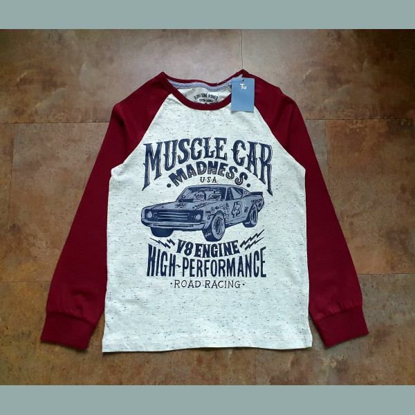 TU Jungen Shirt Auto langarm meliert grau dunkelrot neu 7-8/122-128