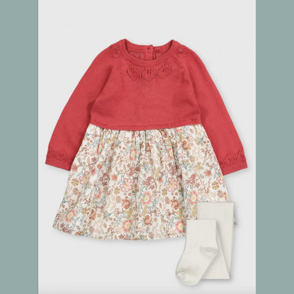 TU Baby Mädchen Set Kleid Strick Strumpfhose Blumen