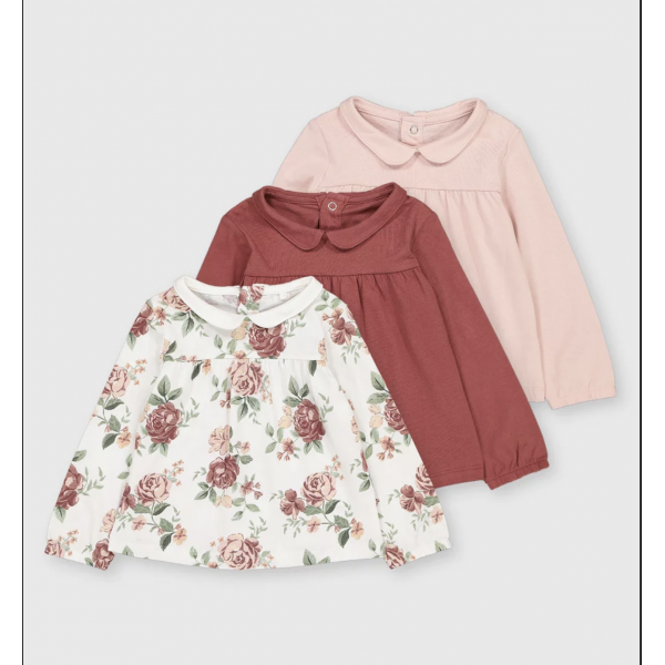 TU Baby Mädchen Set 3 Shirts Blumen Kragen Bubikragen langram rosa creme rot
