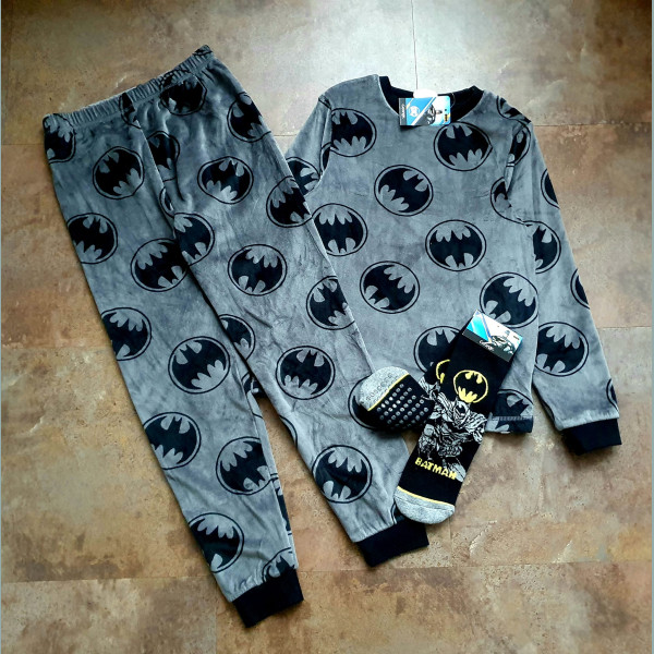 George Jungen Set Schlafanzug Pyjama warme Socken Batman grau schwarz 7-8/128