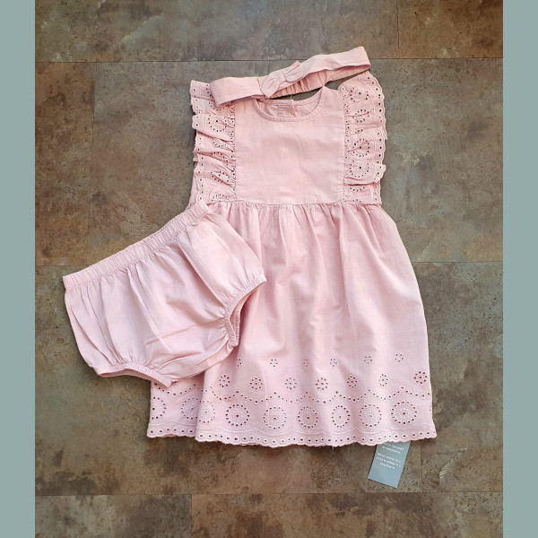 George Mädchen Set Kleid Höschen Haarband Spitze festlich rosa 2-3/98