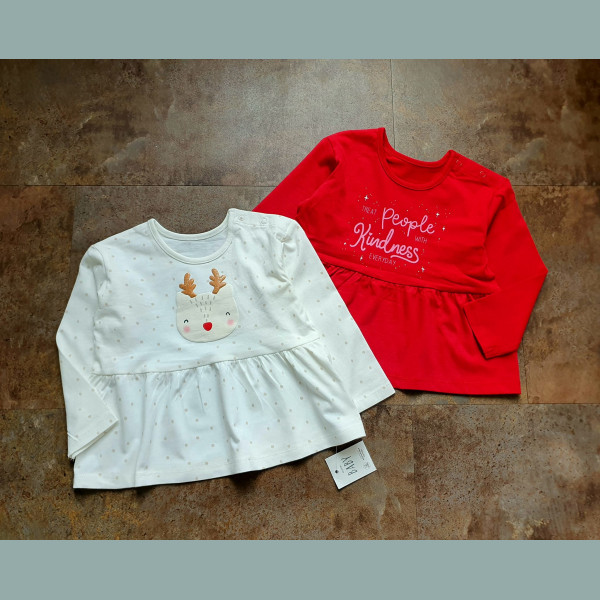 George Baby Mädchen Set 2 Shirts Tops Weihnachten Rentier rot weiß