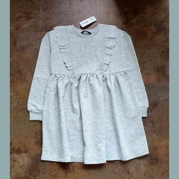 George Mädchen Kleid Sweatkleid Pullover Spitze Basic uni hellgrau 11-12/146-152