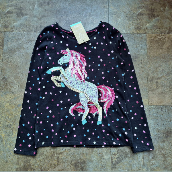 Monsoon Mädchen Shirt Einhorn Pferd Sterne Glitzer Pailletten blau neu 10-11/140-146