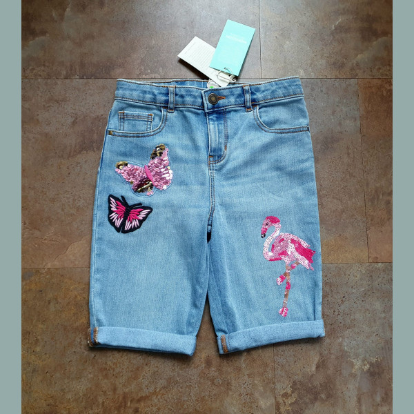Monsoon Mädchen Shorts Bermuda Jeans Hose Flamingo Pailletten verstellbar blau bunt neu 9-10/134-140
