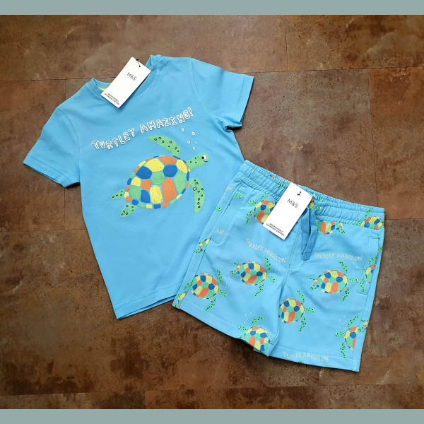 M&S Jungen Set T-Shirt Short Bermuda Schildkröte Amazing hellblau Sommer