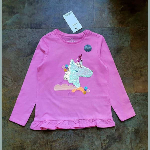 M&S Mädchen Shirt Einhorn Regenbogen Wendepailletten langarm pink 3-4/104