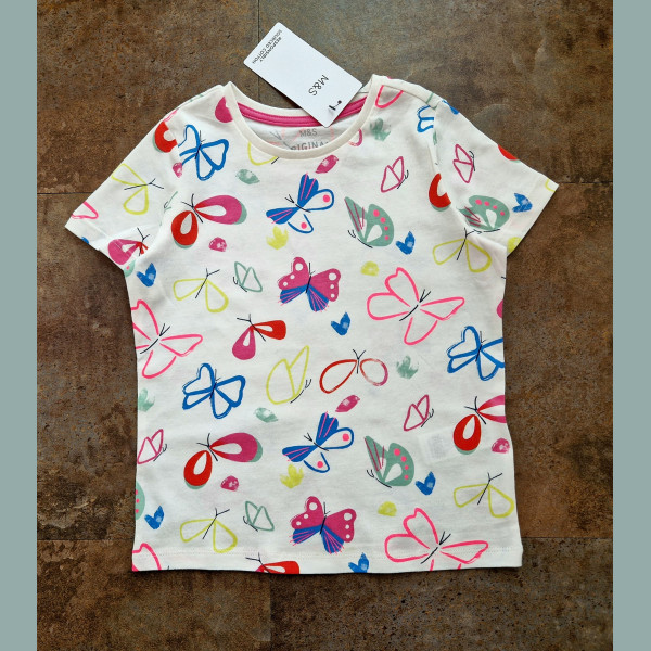 M&S Mädchen T-Shirt Schmetterlinge kurzarm weiß bunt 4-5/104-110
