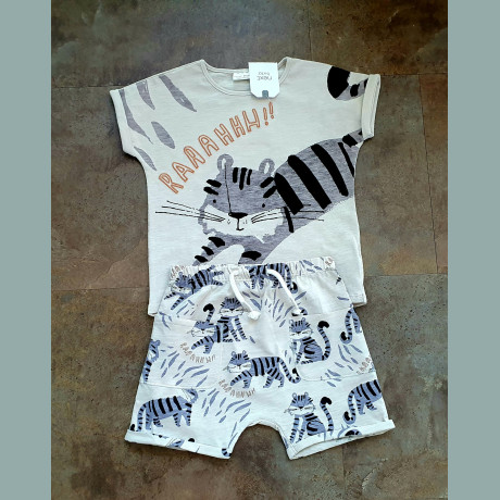 Next Baby Jungen Set T-Shirt Shorts Bermudas Tiger grau beige neu 9-12/80