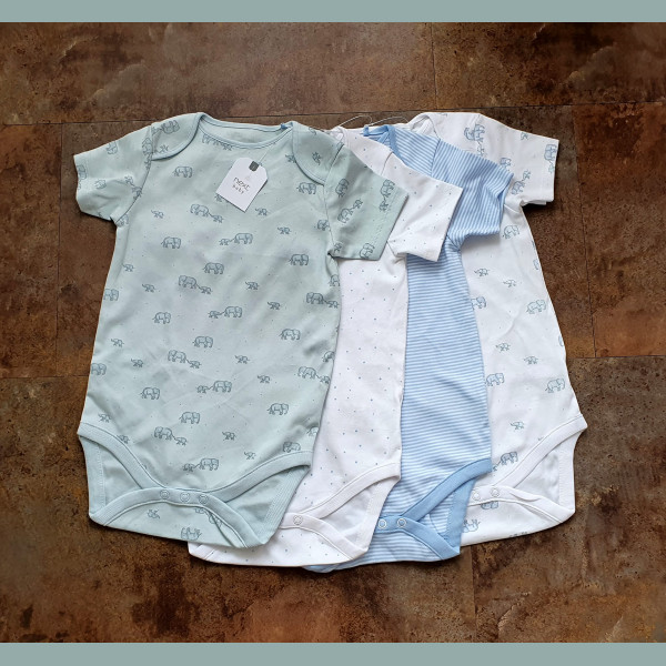 Next Jungen Set 5 Bodies Bodys Elefant kurzarm blau weiß 