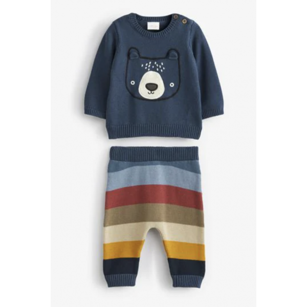 Next Jungen Baby Set Strick Pullover Hose Bärchen Regenbogen blau bunt 