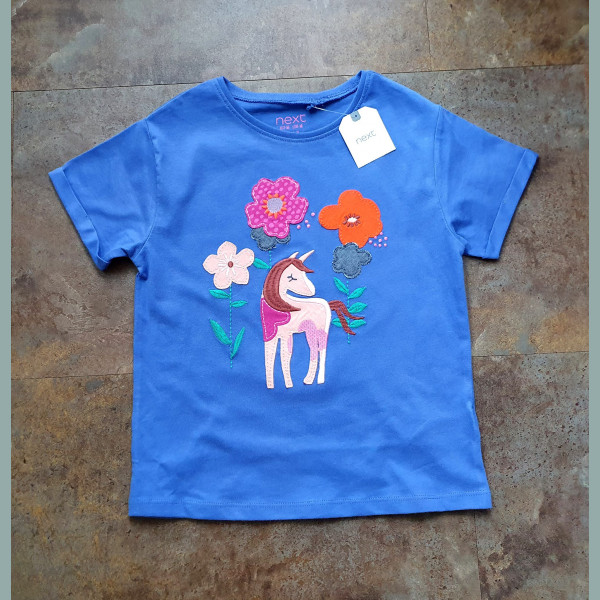Next Mädchen T-Shirt Einhorn Blumen bestickt kurzarm blau 18-24/92