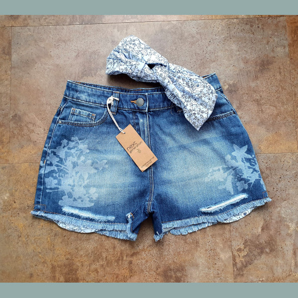 Next Mädchen Set Shorts Hose Bermuda verstellbar Denim Jeans Haarband blau neu 10/140