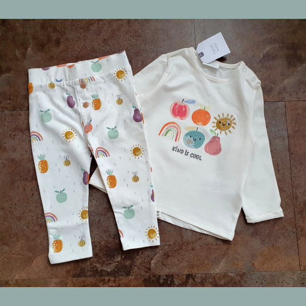 NEXT Baby Mädchen Set Shirt Leggings Regenbogen Früchte Obst beige bunt 