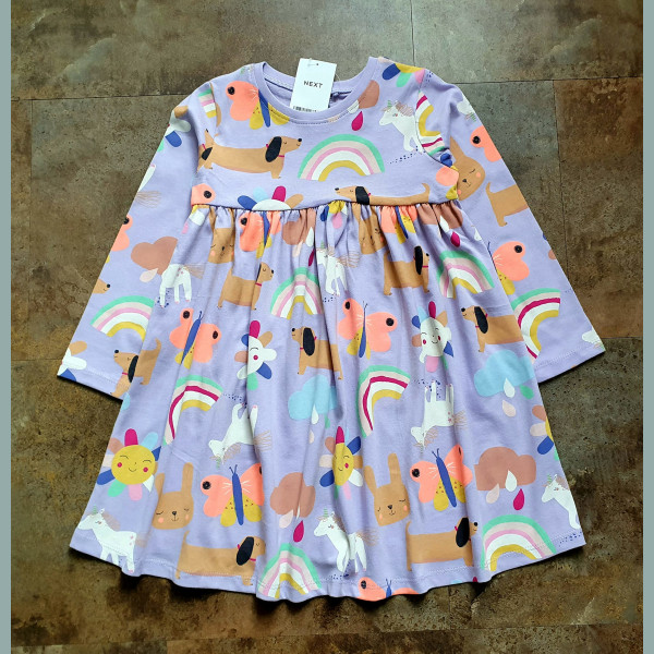 Next Mädchen Kleid Regenbogen Tiere langarm lila bunt 3-4/104