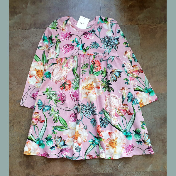 Next Mädchen Kleid langarm Blumen Schmetterlinge rosa