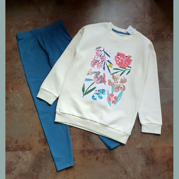 Nutmeg Mädchen Set Sweater Pullover Leggings Blumen Pailletten 11-12/152