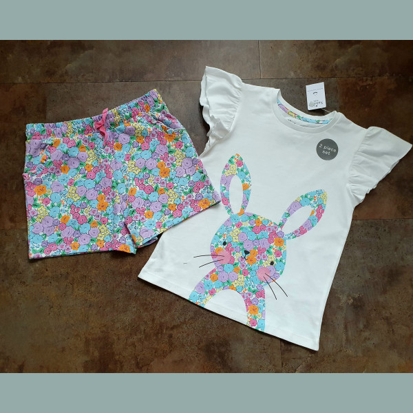 Nutmeg Mädchen Set T-Shirt Shorts Bermuda Hase Blumen beige bunt neu