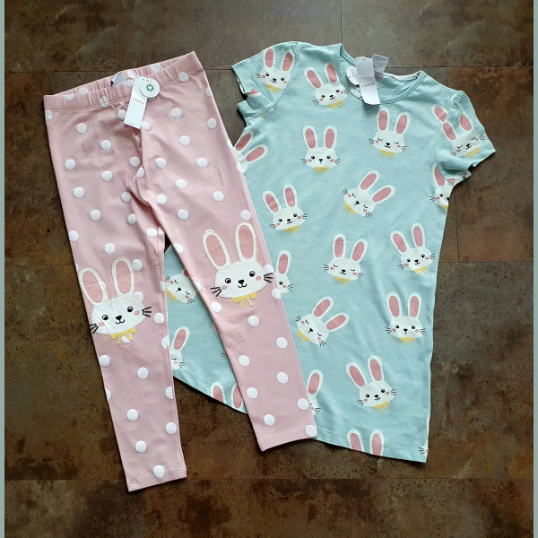 Lindex Mädchen Set Kleid Leggings Hose Hase Bunny Sommer blau rosa 4-5/110